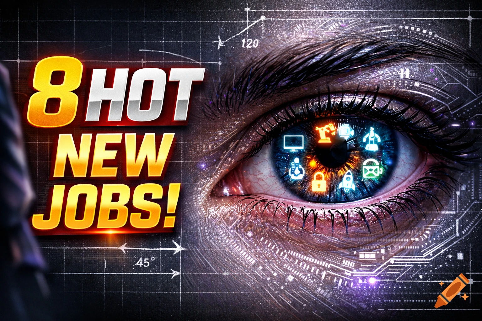 A close-up of a human eye with glowing tech icons in the pupil and the text '8 HOT NEW JOBS!' on the left, against a dark technical blueprint background.