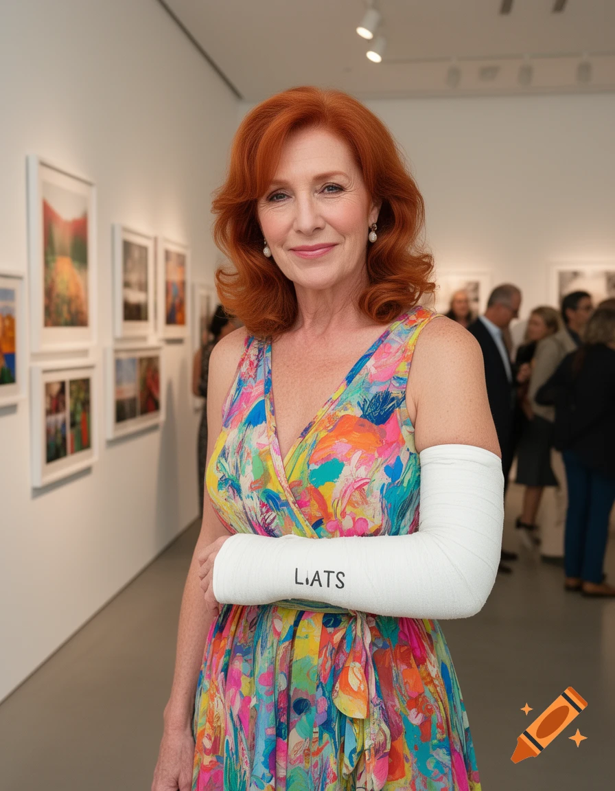 A red-haired woman in a colorful dress and arm cast smiles in an art gallery.