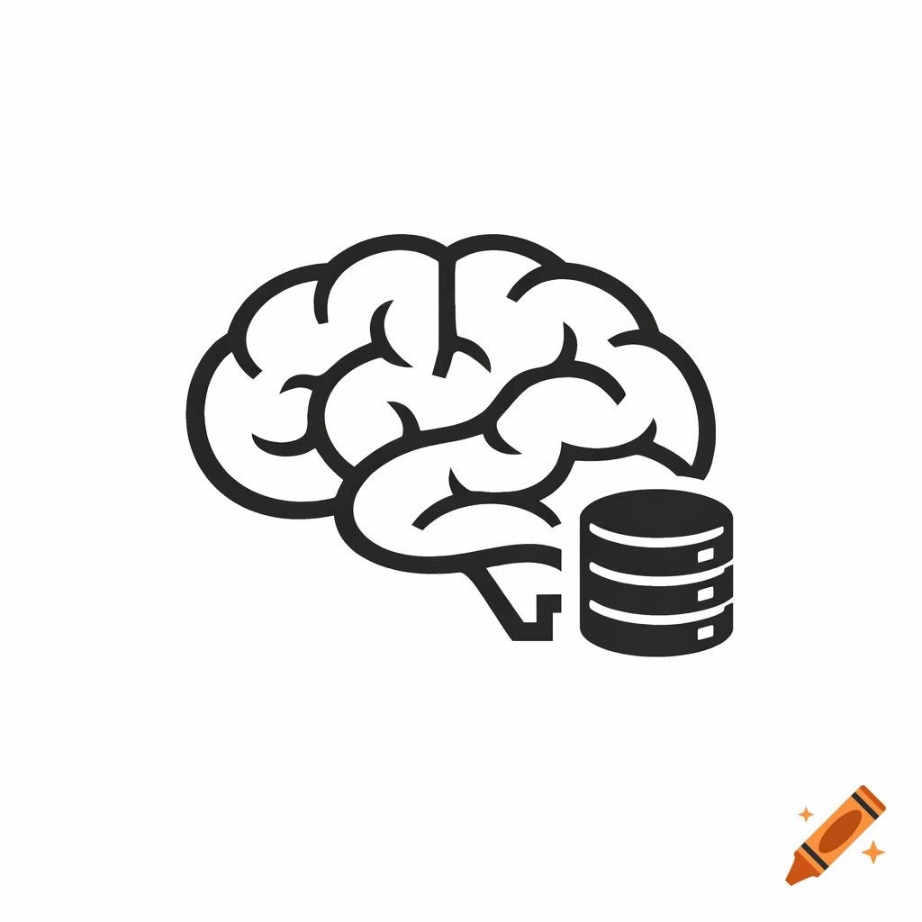 A minimalist monochrome icon depicting a brain outline next to a stack of database disks.