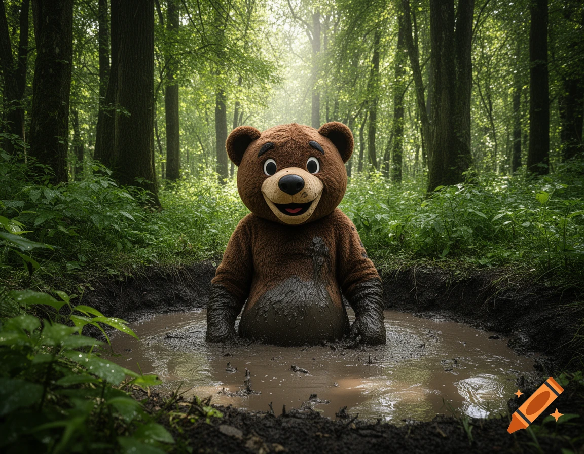 A friendly brown bear mascot, covered in mud, stands in a mud pit in a lush green forest with sunlight filtering through the trees.