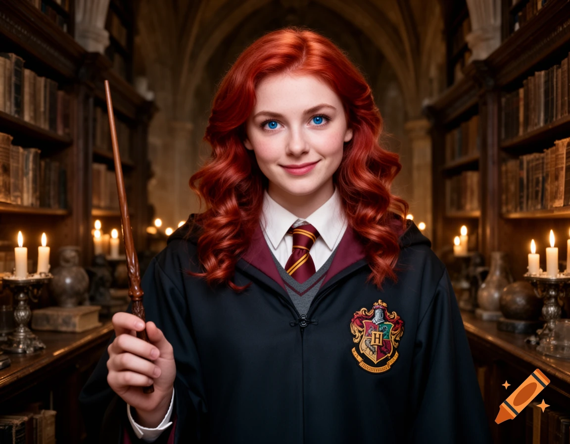A young woman with red hair and blue eyes wears a Harry Potter uniform, holding a wand in a magical library.