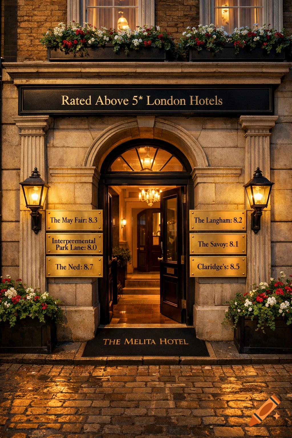A luxurious London hotel entrance at dusk, with a sign reading "Rated Above 5* London Hotels" and gold plaques listing hotel names and ratings.