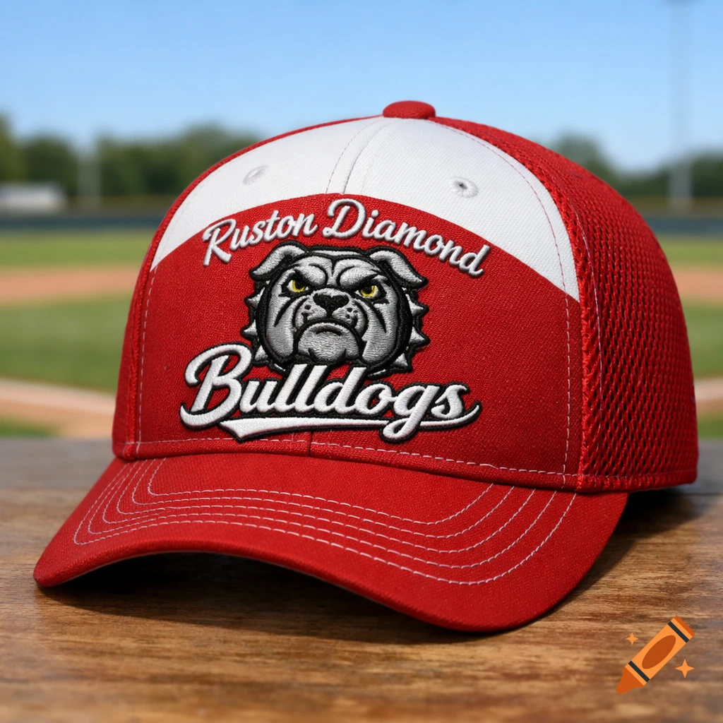 Red and white baseball cap with 'Ruston Diamond Bulldogs' text and bulldog logo on a wooden table with a baseball field in the background.