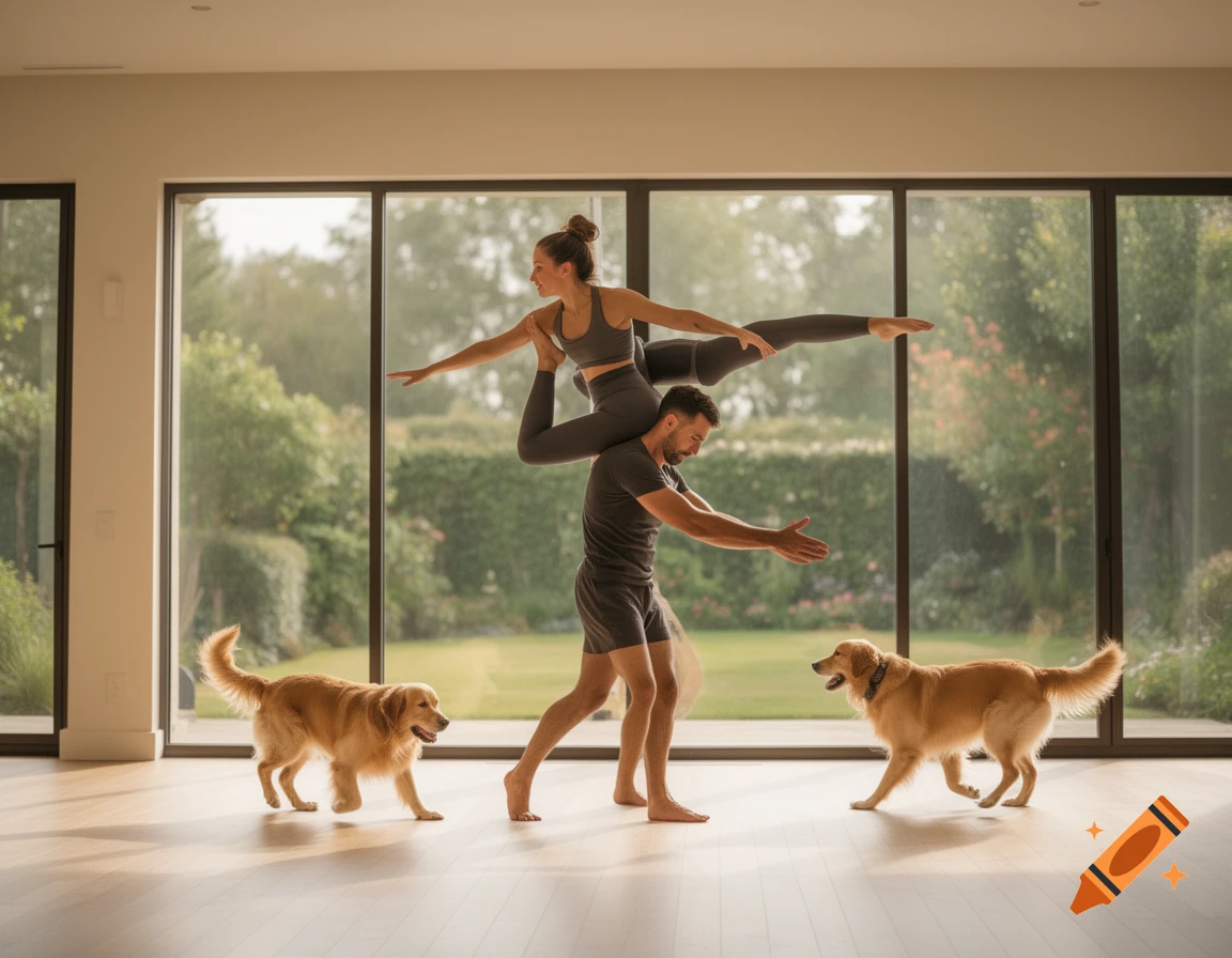 A man supports a woman performing acroyoga in a bright, modern room with two golden retrievers nearby, looking out large windows to a garden.