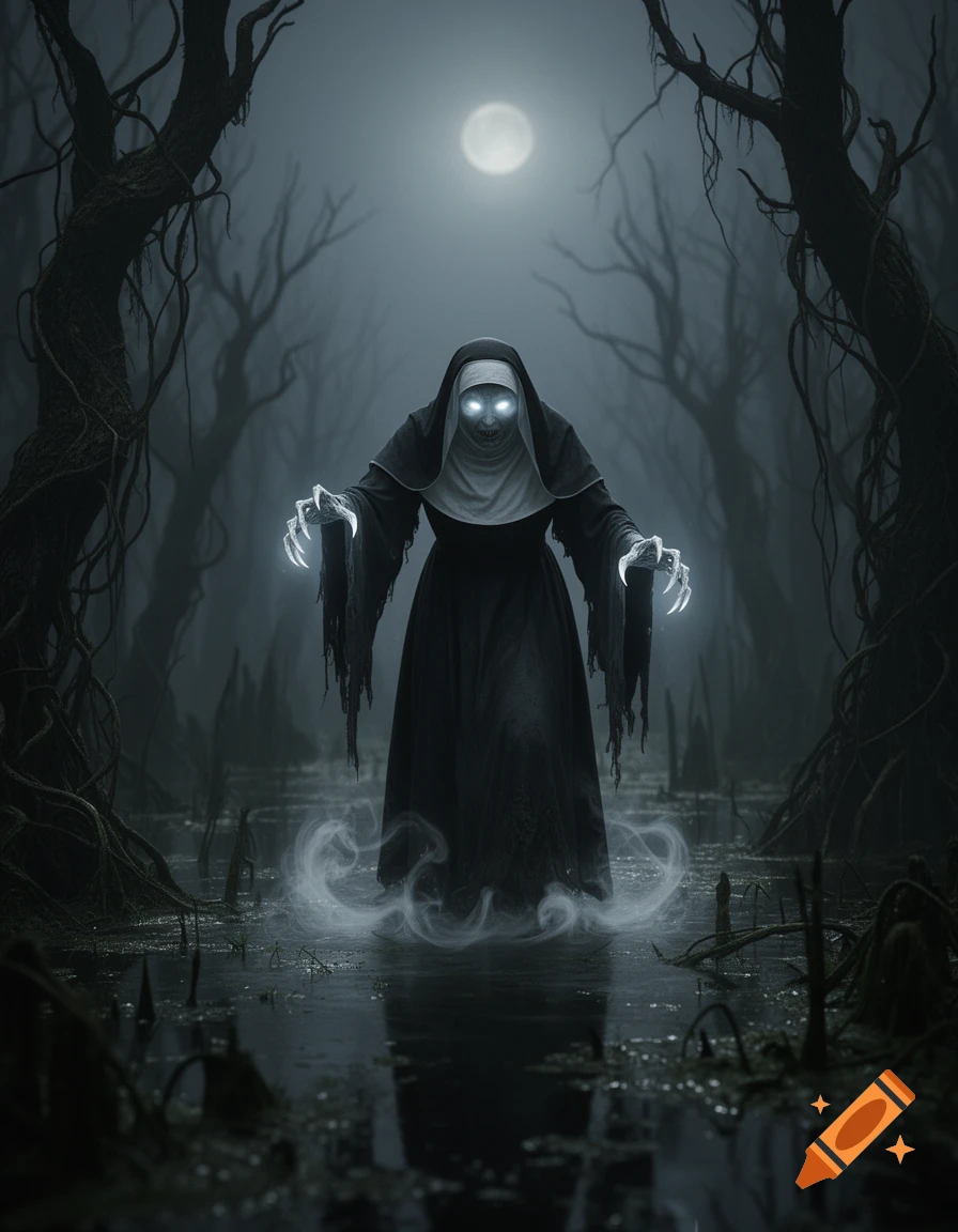 A creepy nun monster in dark robes with glowing eyes and clawed hands rises from a misty swamp under a full moon.