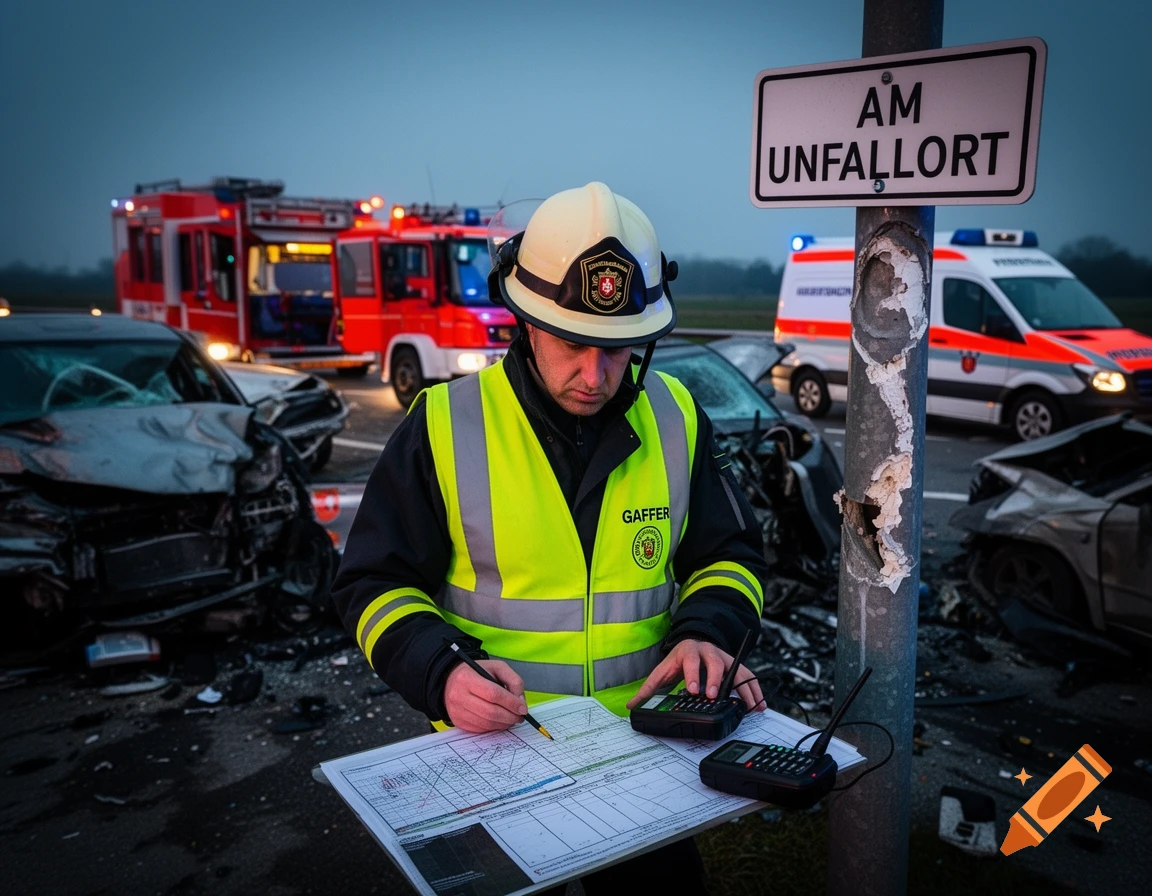 An emergency worker in a reflective vest and hard hat fills out reports at the scene of a car accident, with crashed cars, a fire truck, and an ambulance in the background. A sign reads "AM UNFALLORT".
