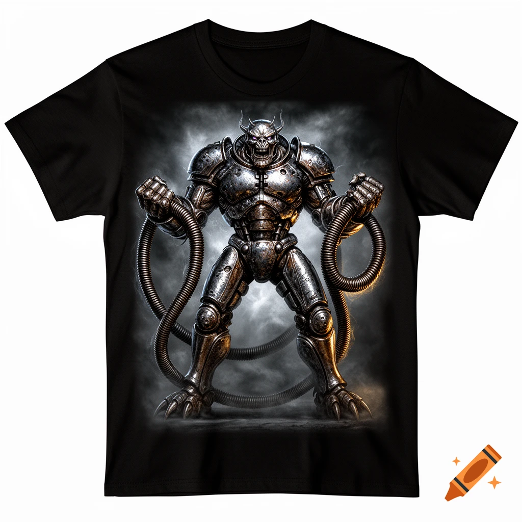 A black t-shirt with a detailed graphic of a metallic, horned beast with a skull face and glowing eyes, holding two large cables, against a smoky, dark background.