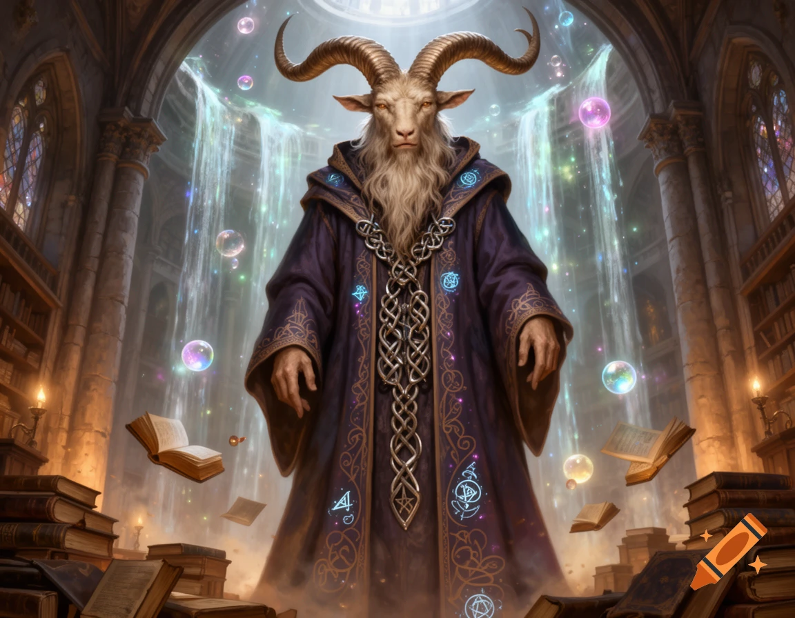 A towering goat-headed wizard in elaborate robes stands in a magical library with glowing waterfalls and floating books, fantasy art style.