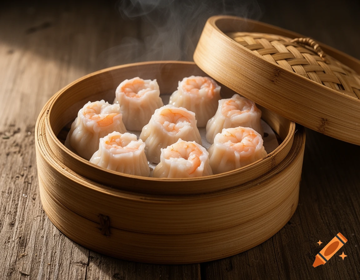 Photorealistic image of steamed shrimp dumplings with translucent wrappers in a bamboo steamer on a wooden table.