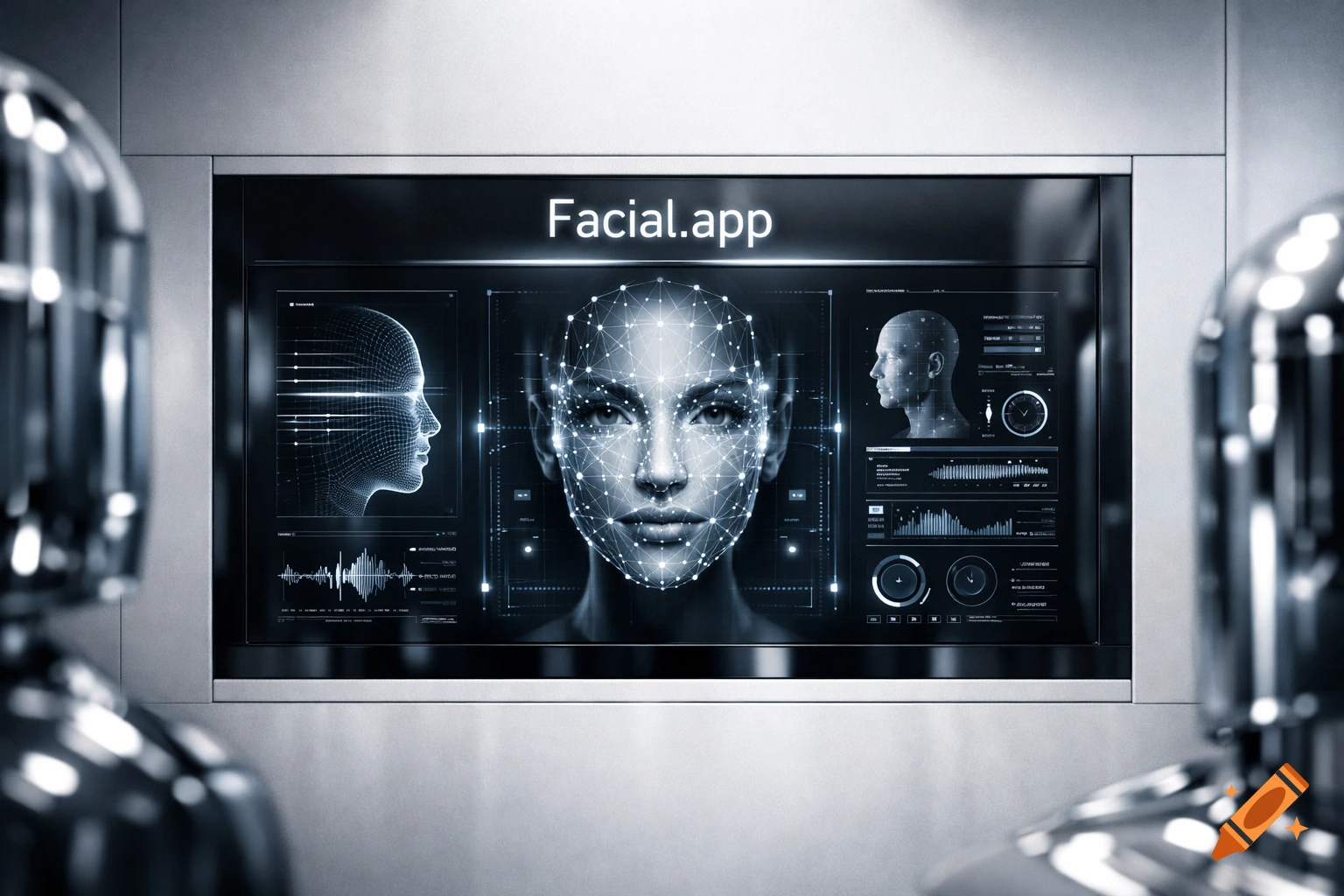 A screen displaying a facial recognition app with a central face surrounded by a data grid, flanked by wireframe profiles and data graphs in a futuristic setting.