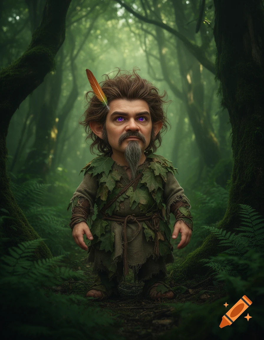 A photorealistic male gnome druid with purple eyes, a goatee, and leaf clothing stands in a dense, mossy forest.
