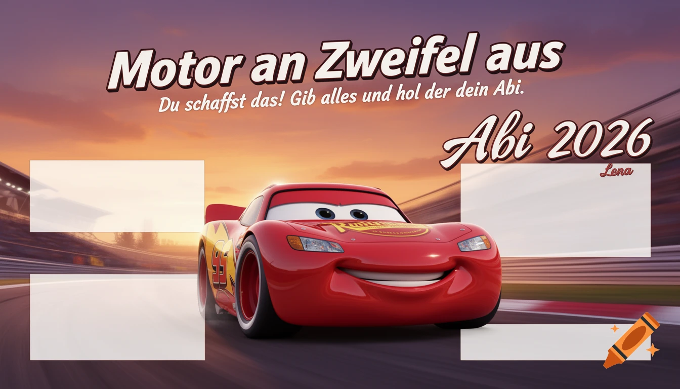 Lightning McQueen on a race track at sunset with motivational German text and blank white rectangles for a graduation poster.