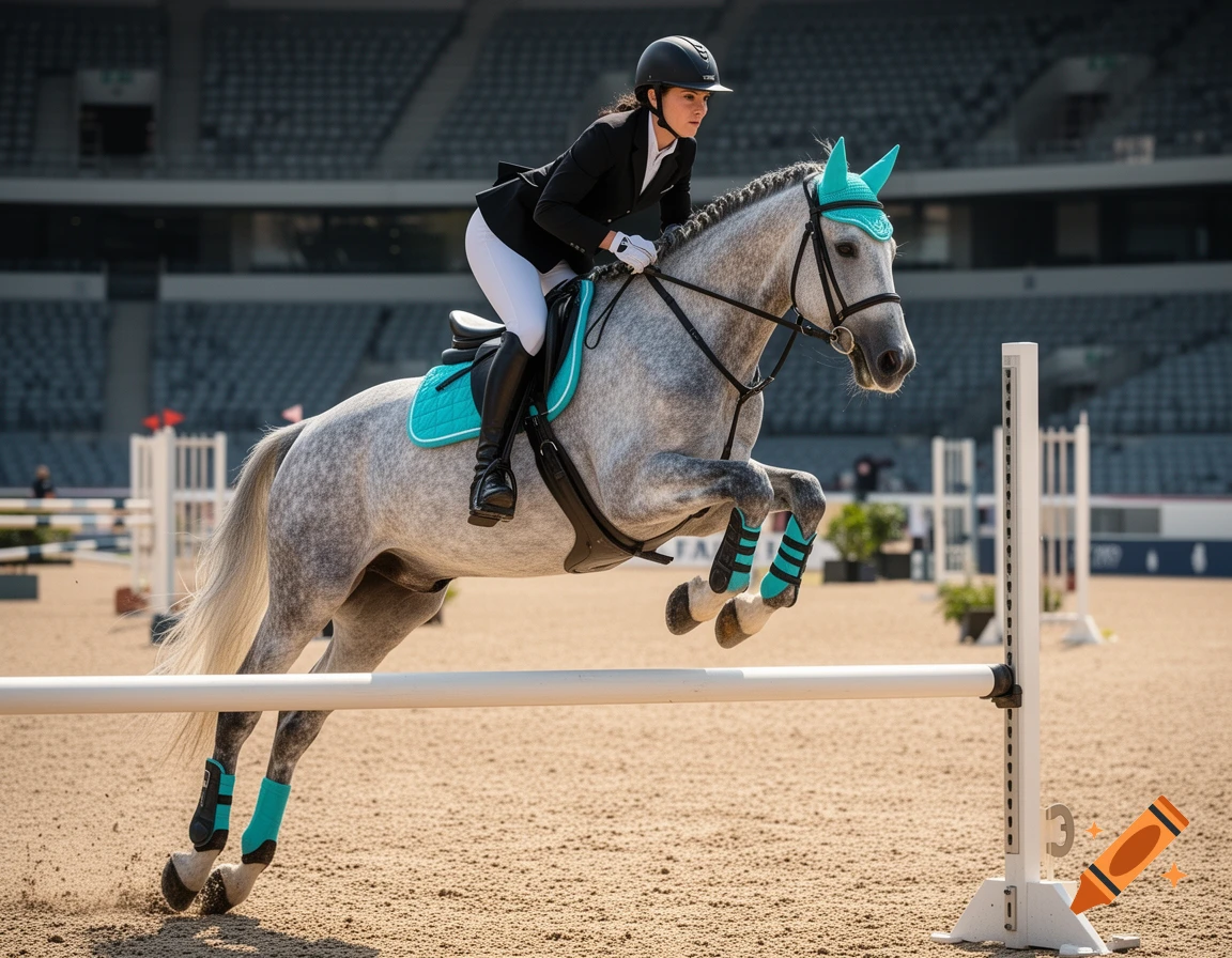 A female rider on a dapple grey horse with turquoise tack jumps an obstacle in a sunlit stadium, photorealistic.
