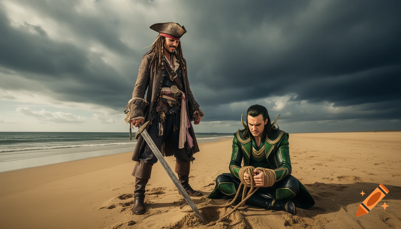 Jack Sparrow stands over a tied-up Loki on a stormy beach with a sword planted in the sand in a photorealistic style.