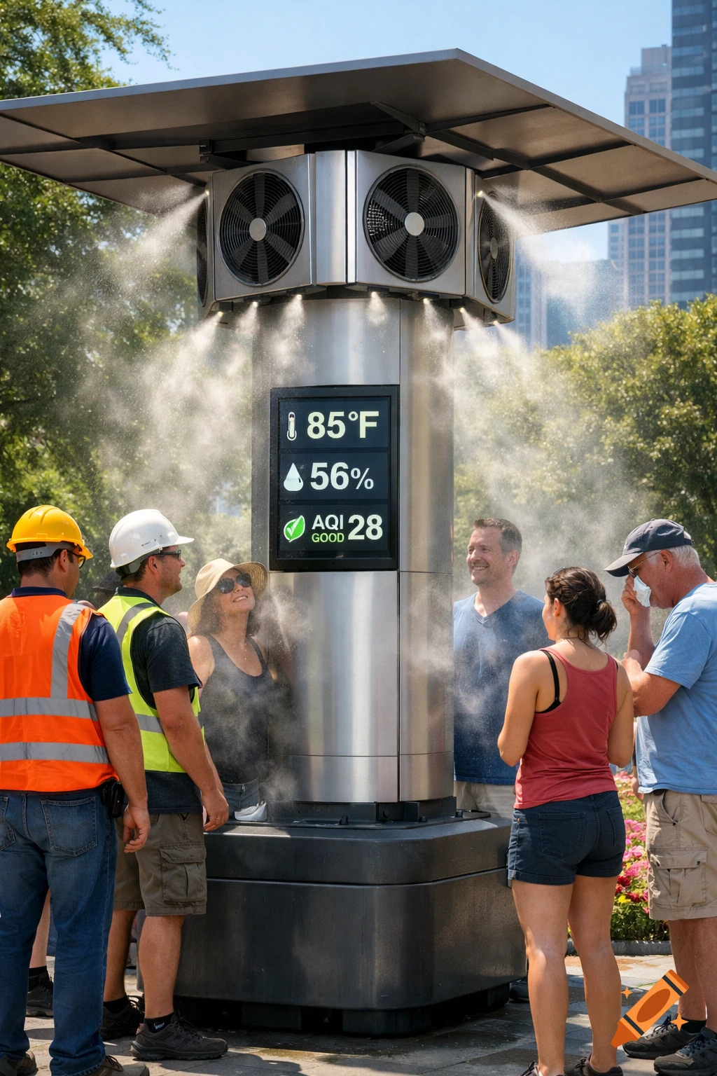 A group of people stand around a modern misting and cooling station in a sunny urban park, displaying environmental data on a screen.