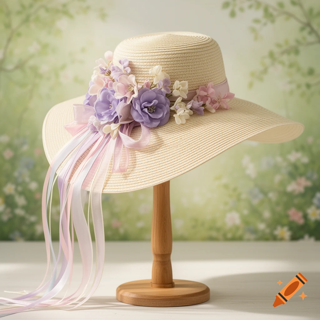 A beige straw sun hat decorated with purple and pink flowers and long pastel ribbons, displayed on a wooden stand.