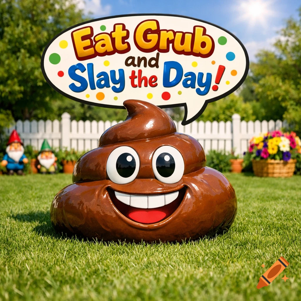 Smiling poop emoji in a sunny garden with gnomes and a speech bubble saying 'Eat Grub and Slay the Day!'