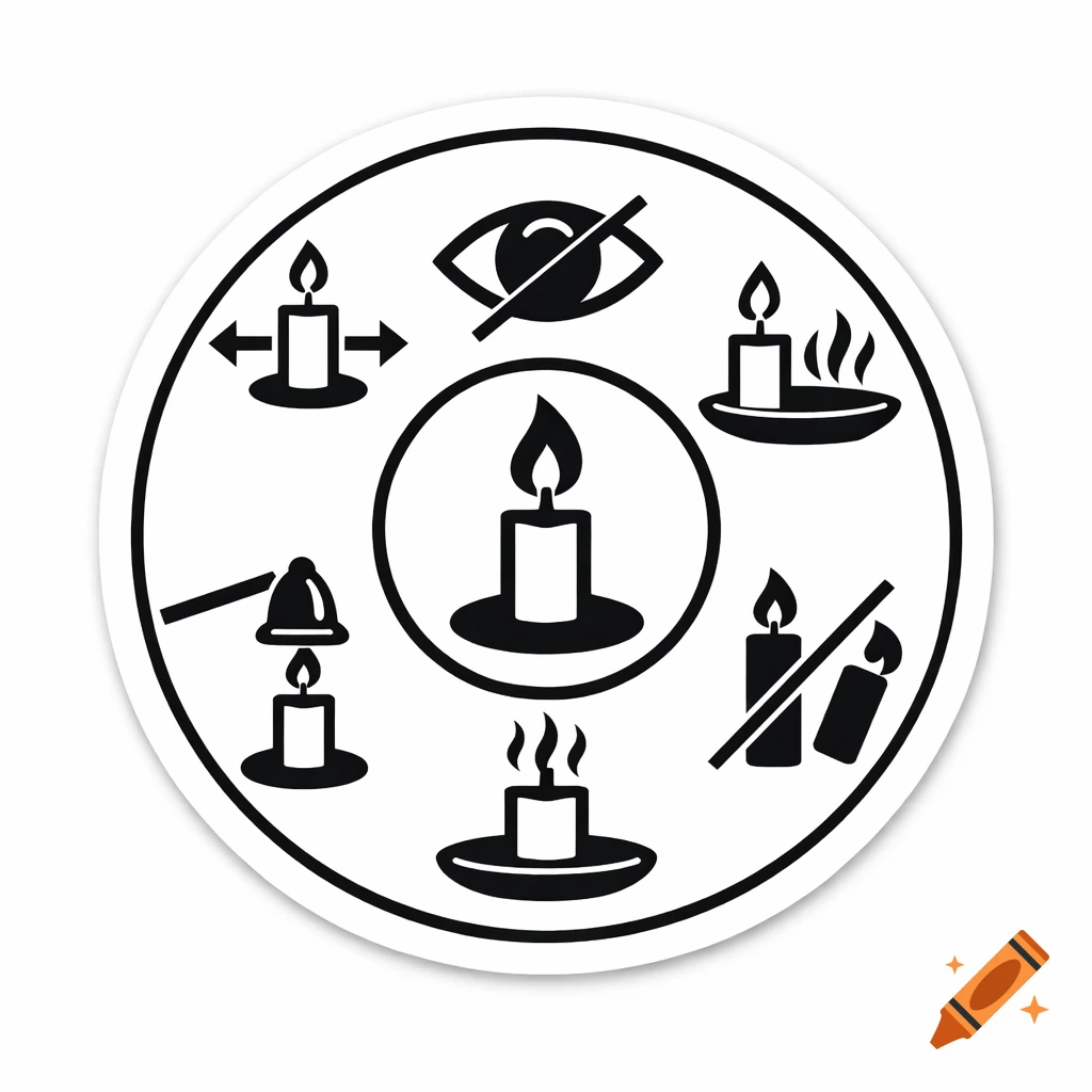 A round sticker with minimalist black and white icons related to candles: a central burning candle and symbols for distance, heat, visibility, extinguishing, and snuffer.