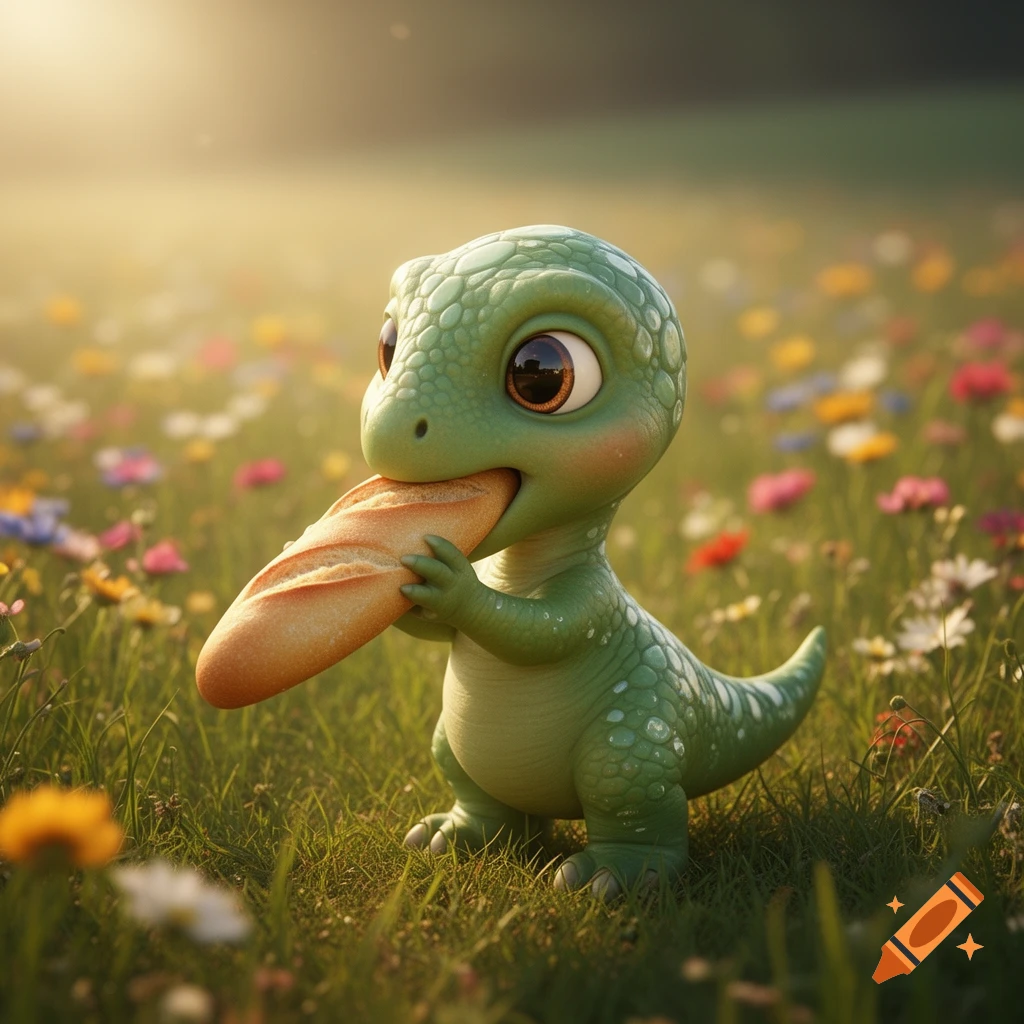 A cute cartoon dinosaur eating a baguette in a field of colorful flowers during sunset.