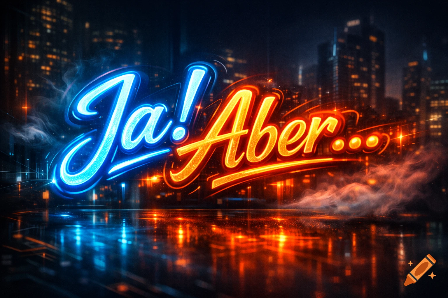 Bright neon-style glowing text 'Ja! Aber...' reflecting on a wet surface with a blurry city skyline at night in the background.