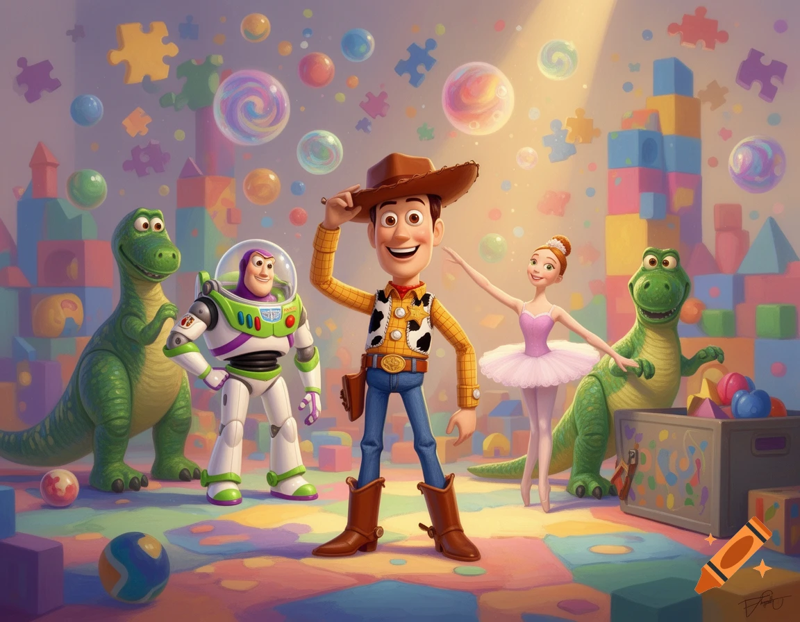 Woody, Buzz Lightyear, and Rex with a ballerina doll in a bright, colorful playroom filled with blocks and puzzle pieces.