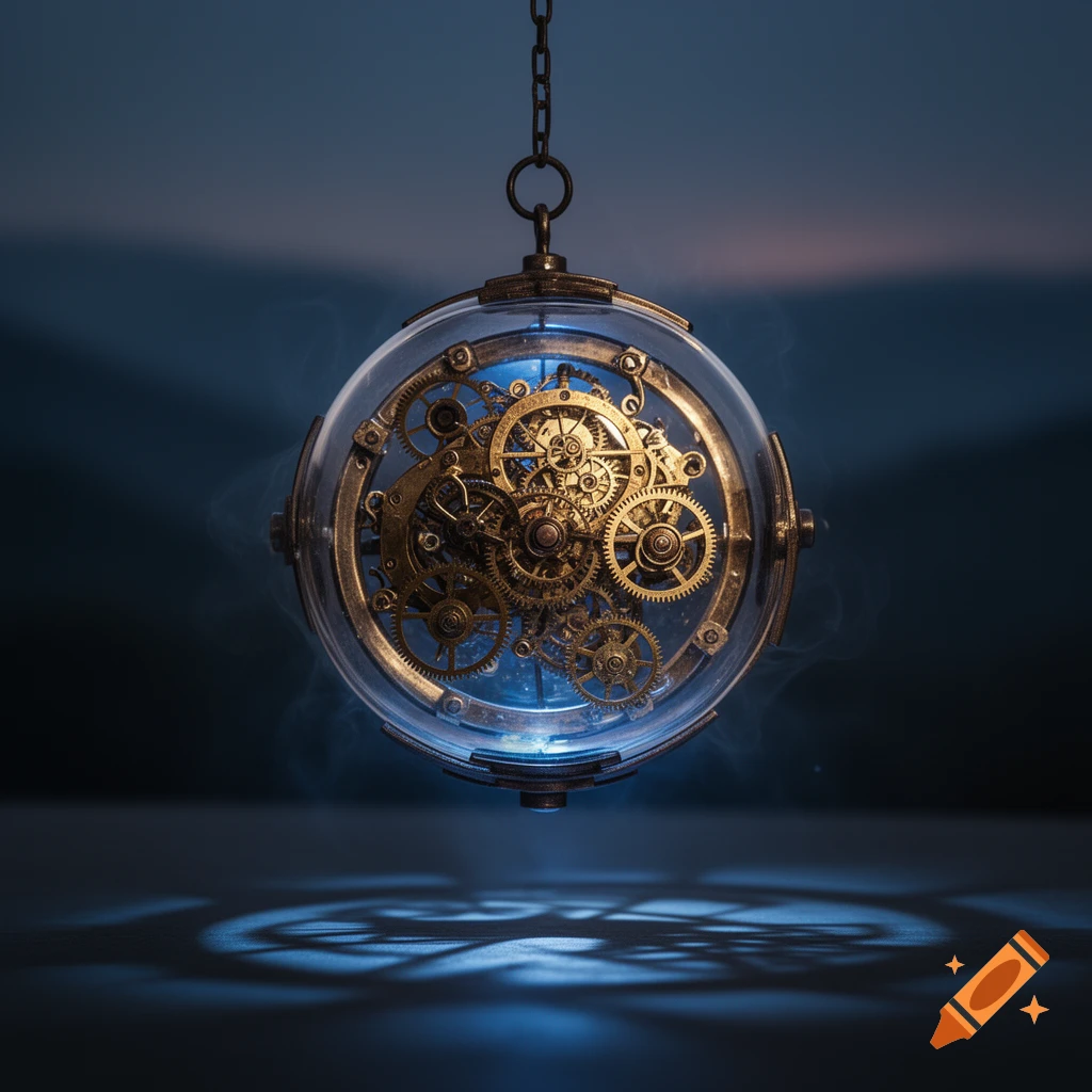 A glowing mechanical orb with intricate brass gears and clockwork, suspended by a chain, casting blue light and shadows.
