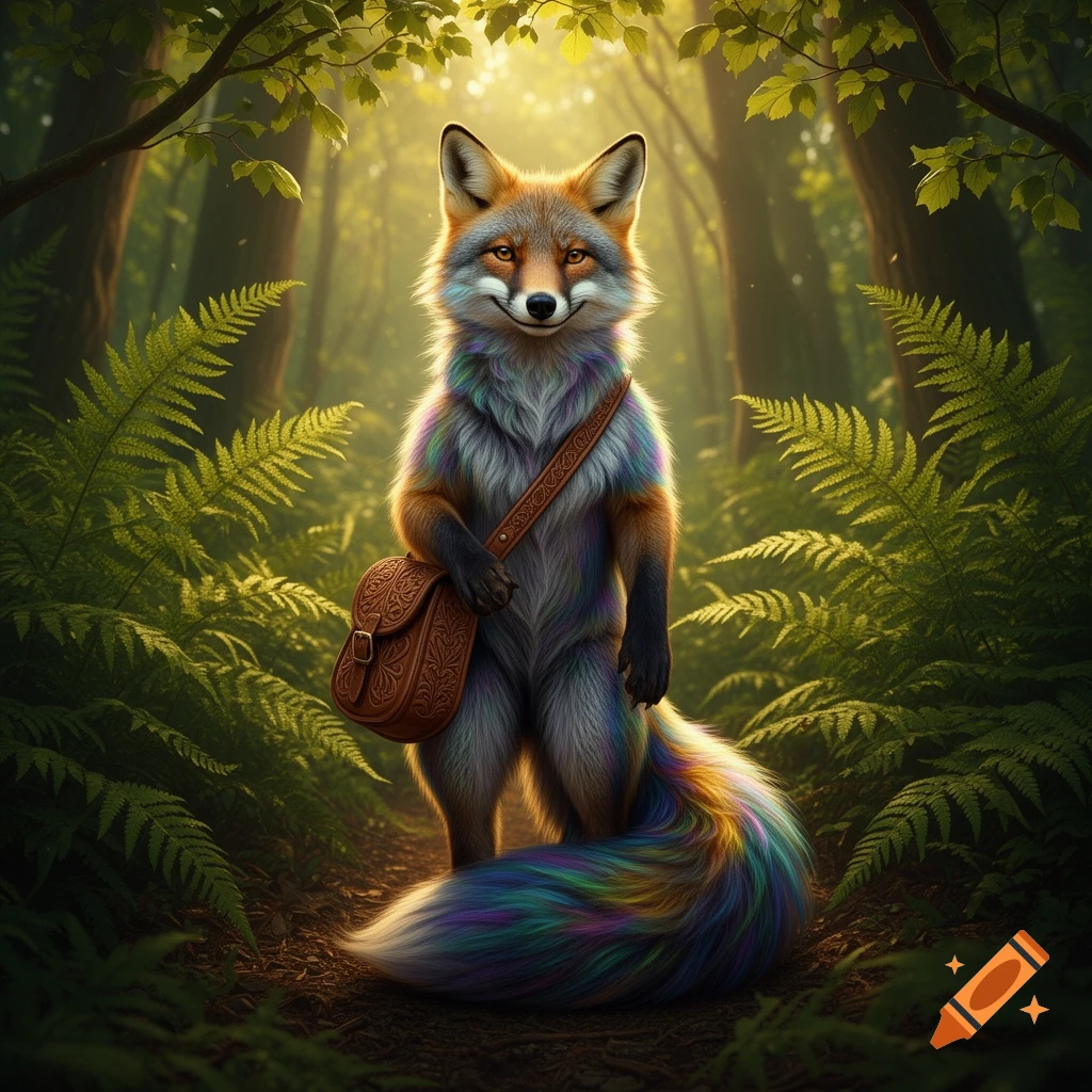 A colorful, bipedal fox with rainbow fur and a satchel smiles in a sunlit forest path surrounded by ferns.