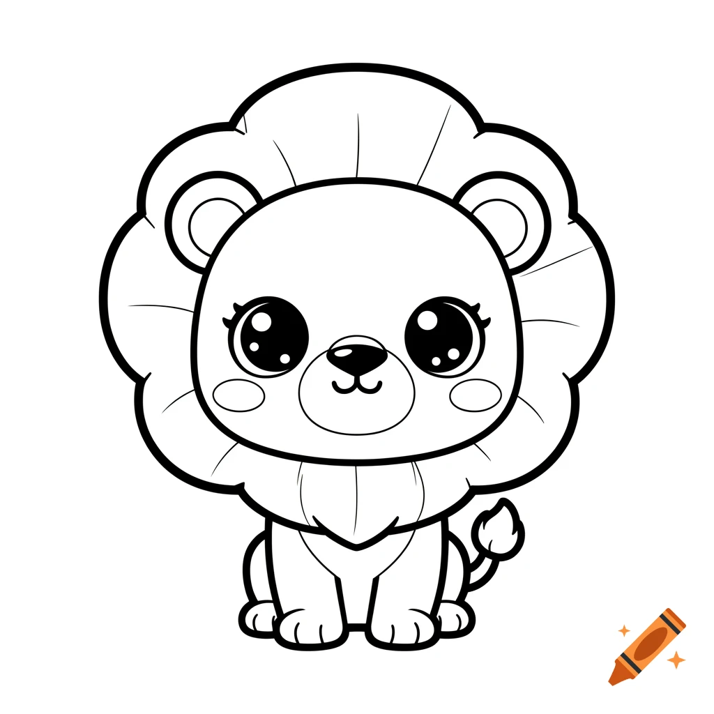A black and white line art of a cute, kawaii-style lion for a coloring page, featuring a big head and big eyes.