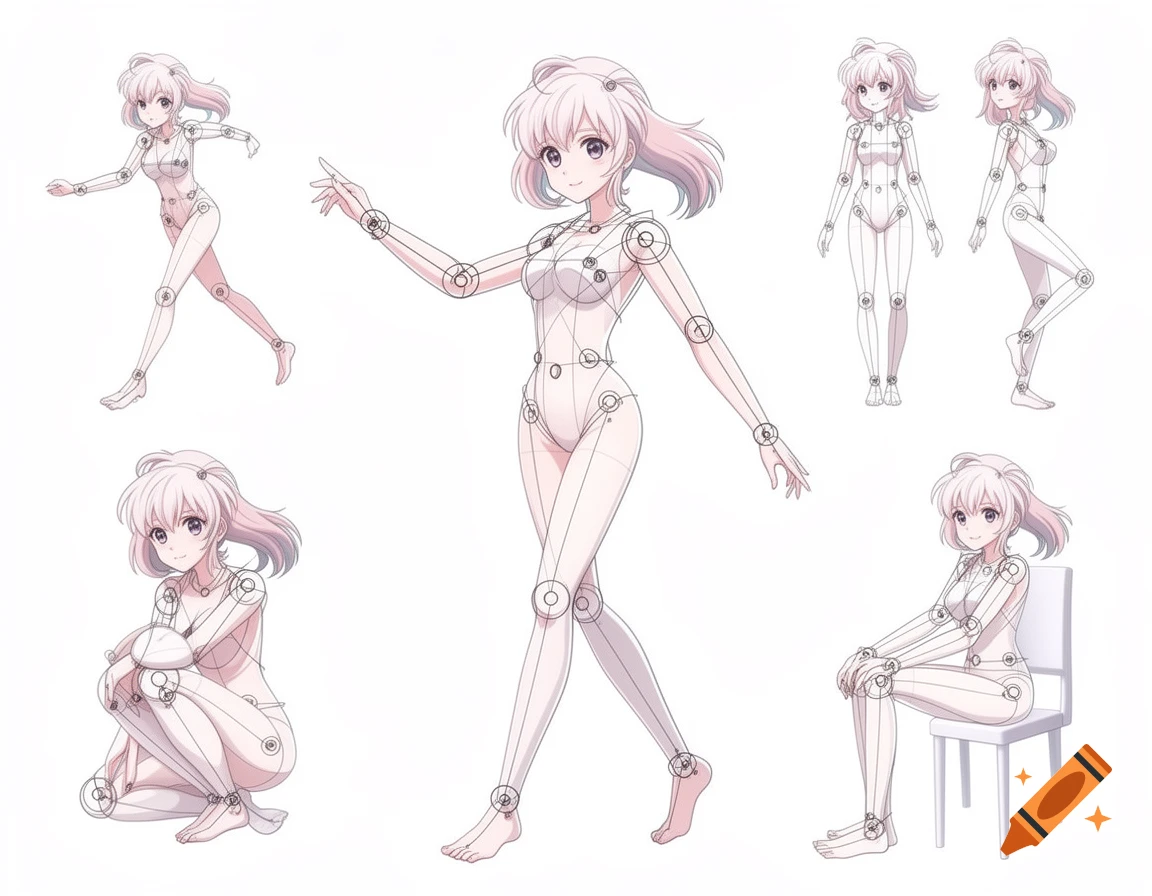 Anime girl drawing template with visible joints shown in multiple everyday poses, including walking, squatting, and sitting.