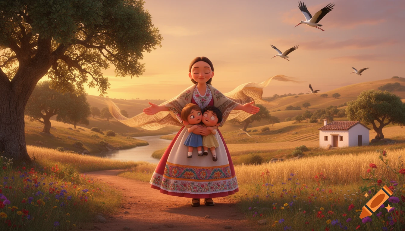 Pixar-style 3D illustration of a woman in traditional dress embracing two children in a golden rural landscape at sunset.