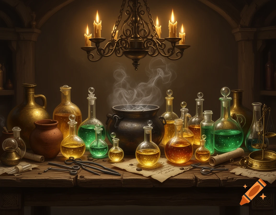 A still life of glowing potions and chemicals in glass and ceramic containers on a wooden table, lit by a chandelier above.
