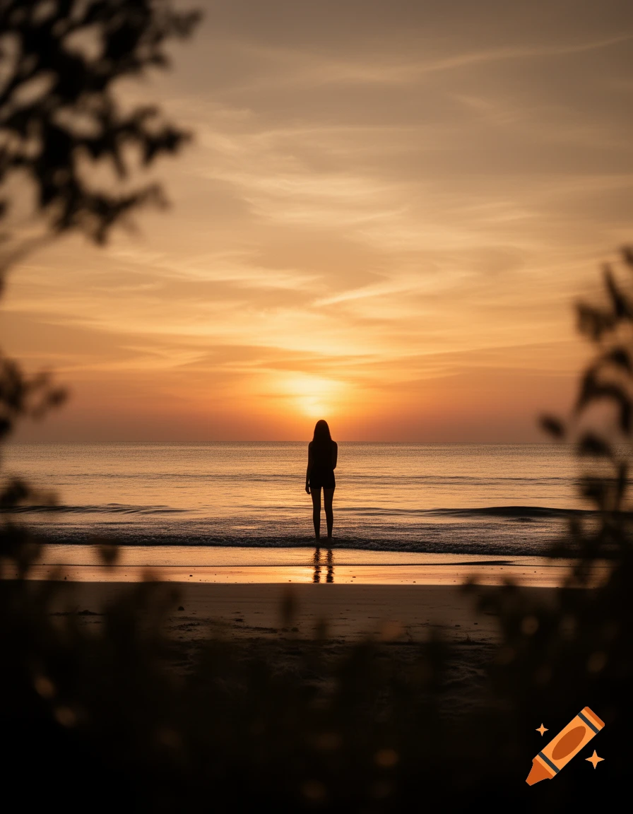 A person stands in the shallow ocean water, silhouetted against a vibrant orange and yellow sunset on a beach.