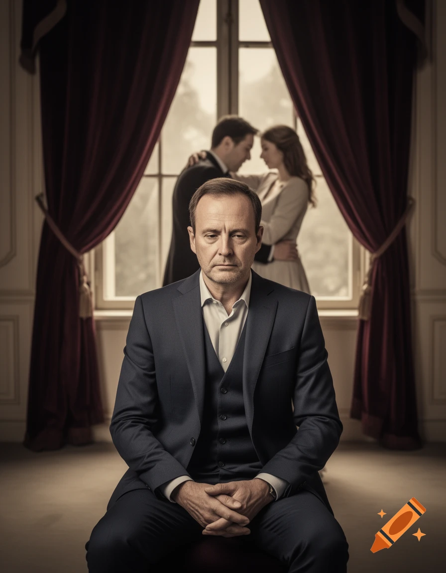 A sad man in a suit sits in the foreground, with a couple embracing through a window in the background, in a photorealistic style.