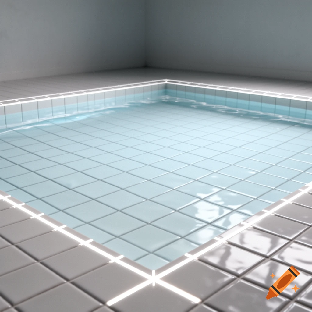 A minimalist, empty room featuring a tiled pool with glowing light strips along its edges, capturing a liminal space aesthetic.