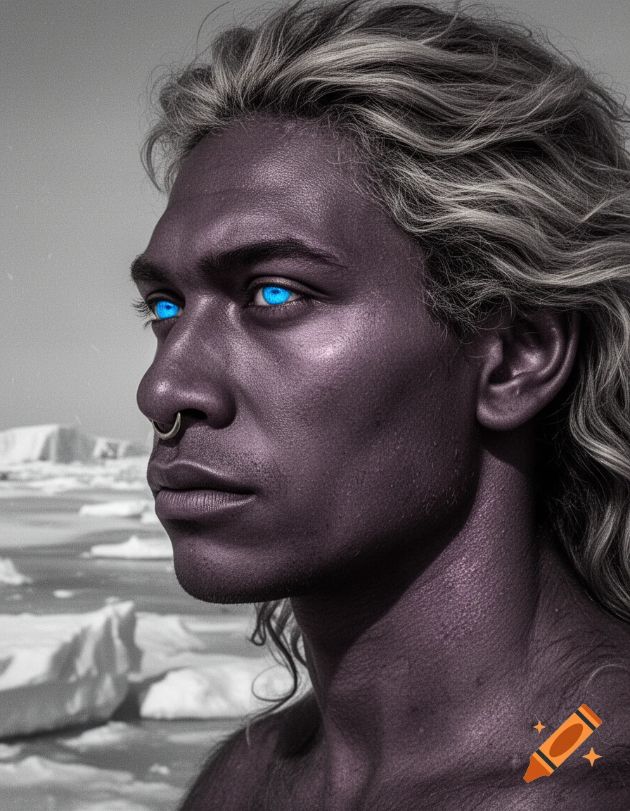 Close-up side profile of a person with dark plum skin, glowing blue eyes, wavy blonde hair, and a septum piercing, against an icy background.