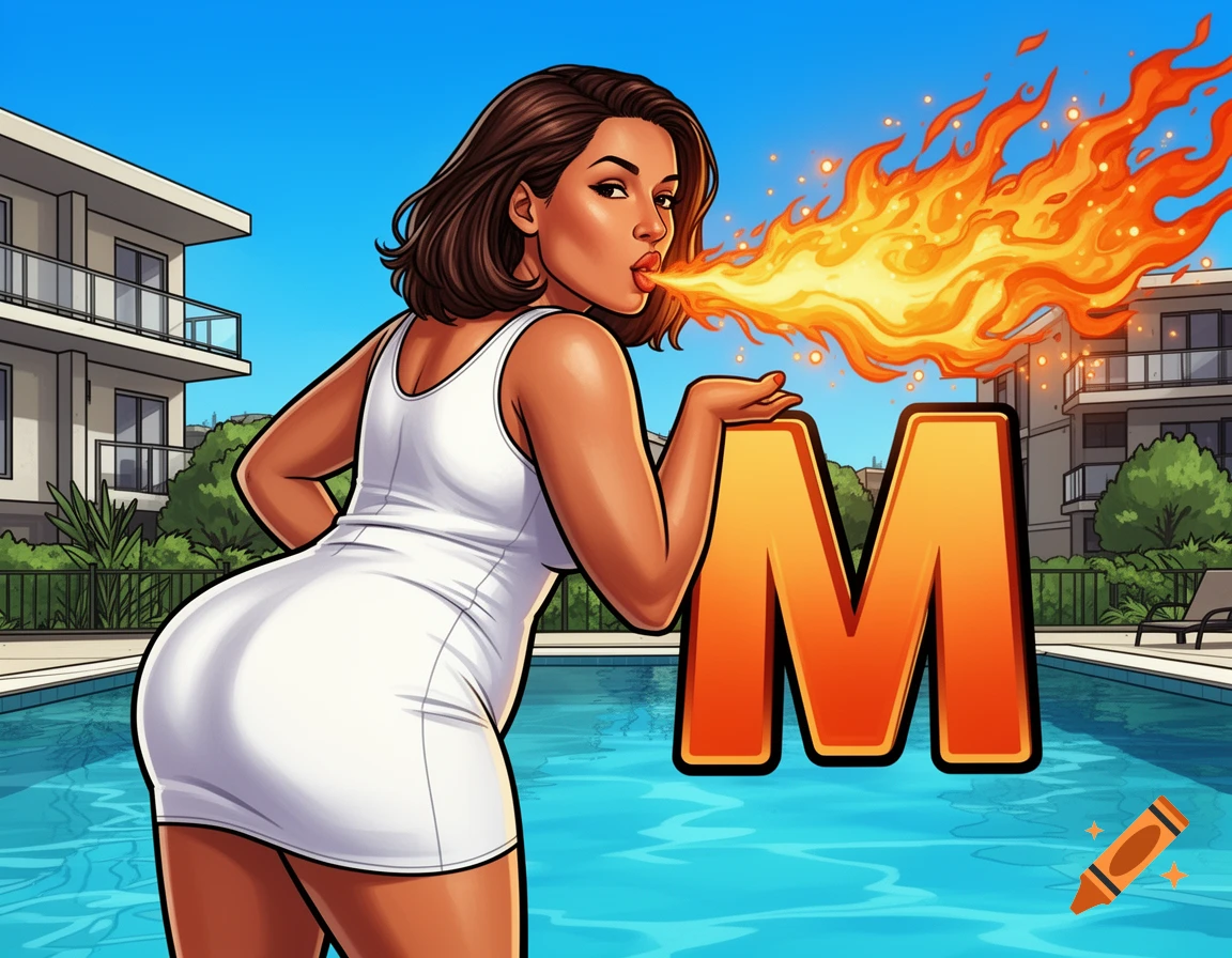 Stylized cartoon woman in a white dress blowing fire over a large orange 'M' by a pool, in a GTA-inspired style.