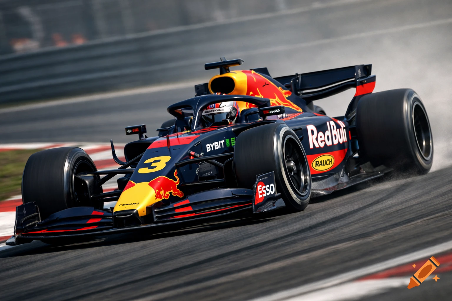 A photorealistic Red Bull Formula 1 car, number 3, speeds around a track with motion blur.