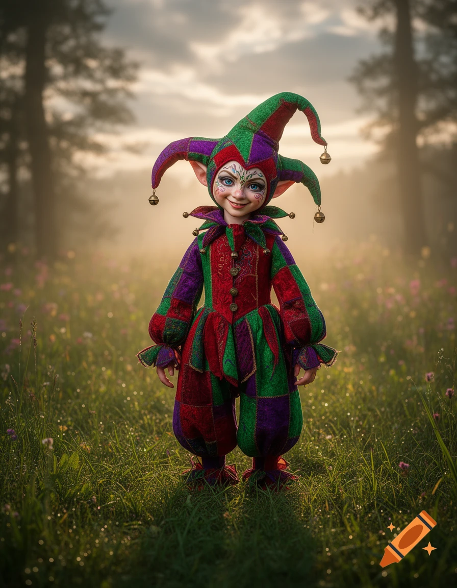 A smiling child-like jester character in a green, red, and purple costume with bells stands in a misty field at sunset.