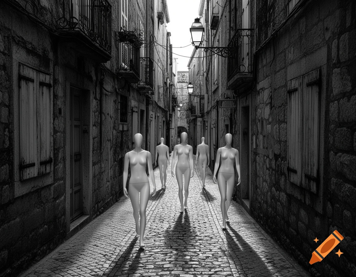 Black and white photograph of several white mannequins walking down a narrow, old cobblestone alleyway between stone buildings.