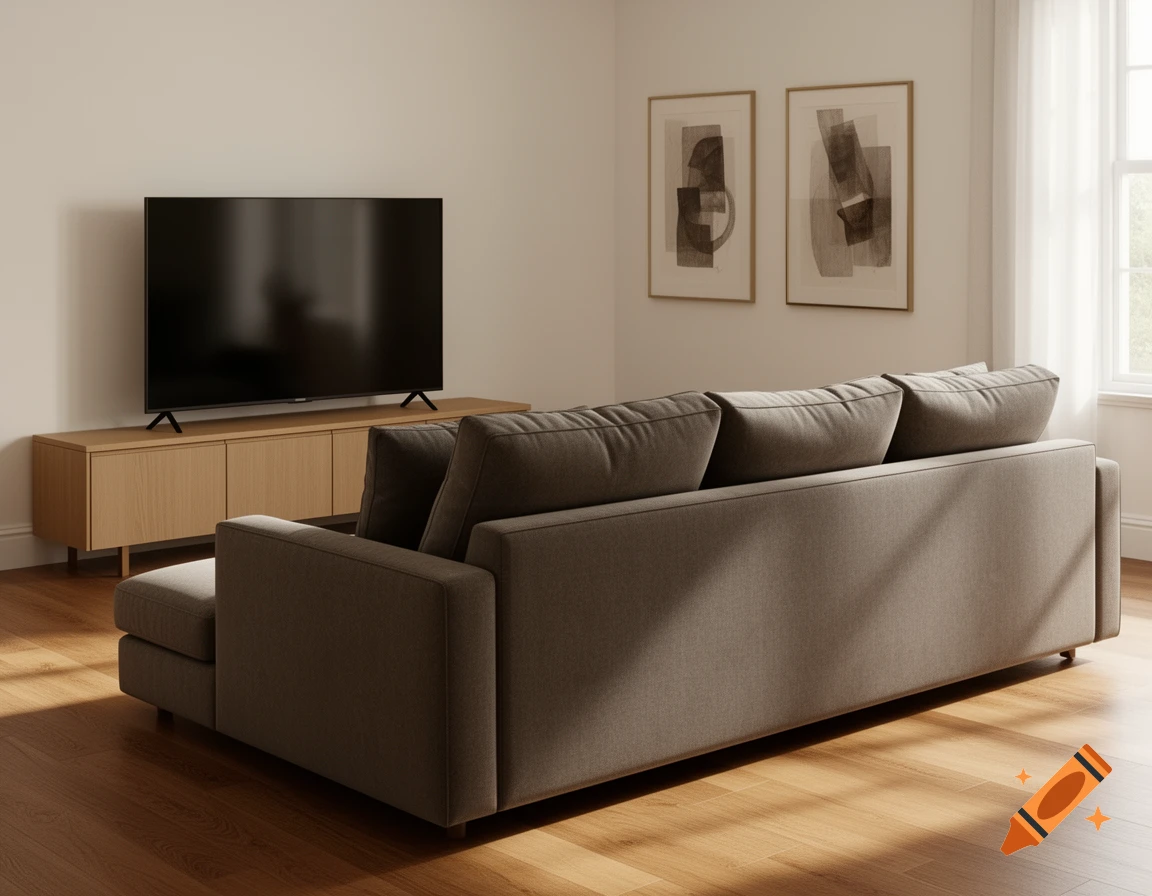 A modern living room with a gray sectional sofa, a wooden TV stand with a large TV, and two abstract artworks.