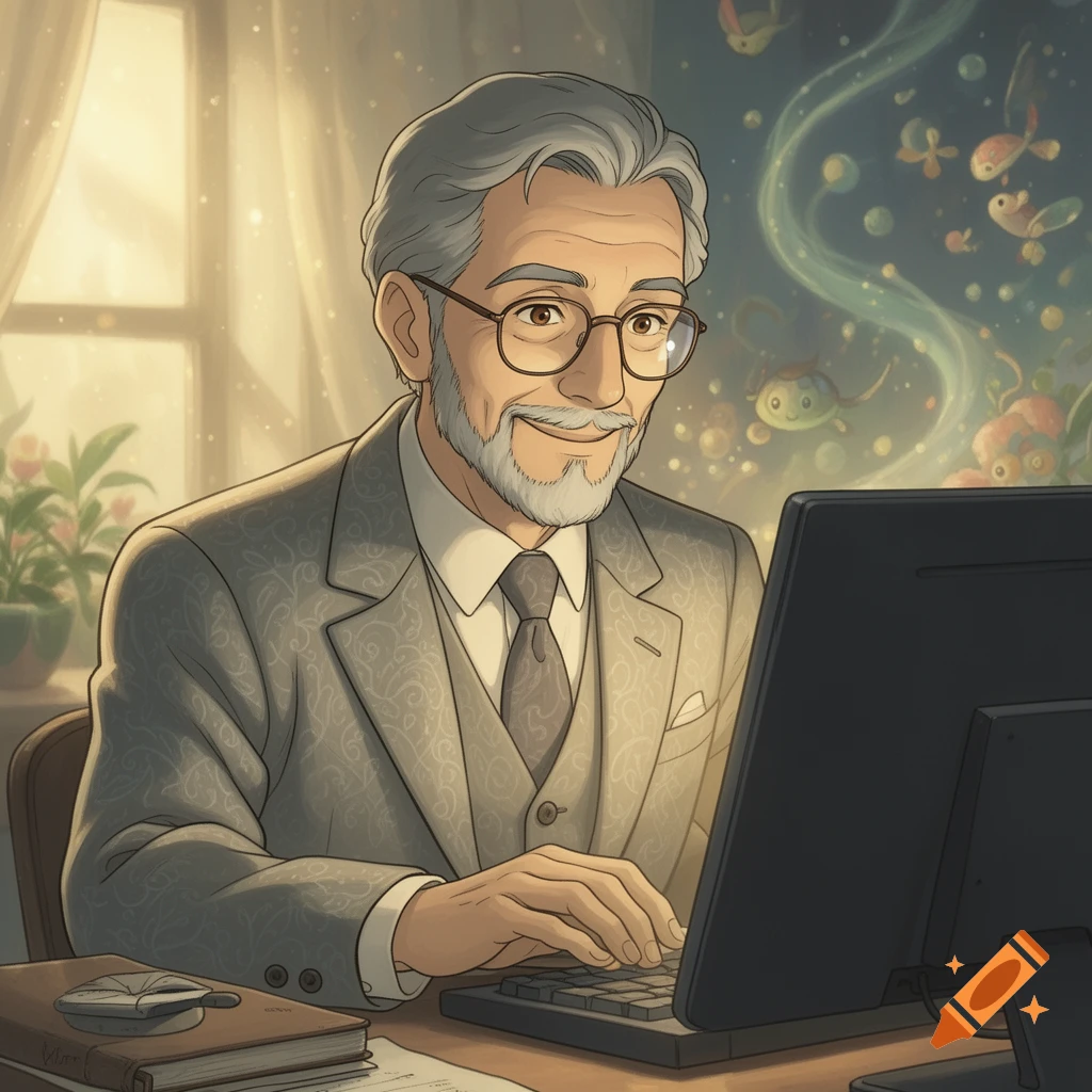 A Ghibli-inspired anime illustration of an older man with glasses and a beard, smiling while typing on a computer.
