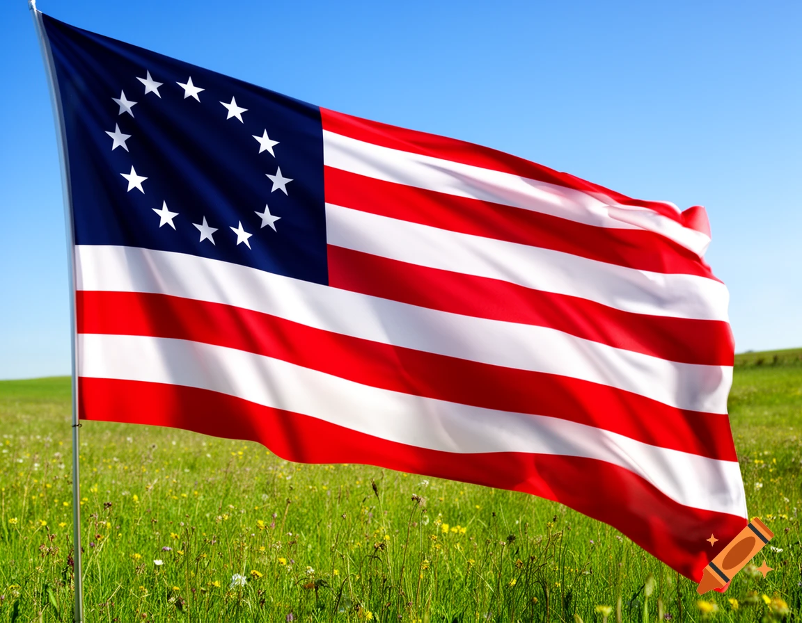 Photorealistic Betsy Ross flag with 13 stars waving in a sunny green field under a clear blue sky.