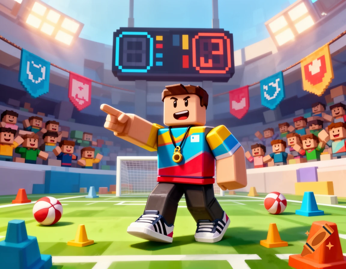 A Roblox-style coach points on a vibrant soccer field with a 0:3 scoreboard, surrounded by cheering blocky spectators and practice cones.