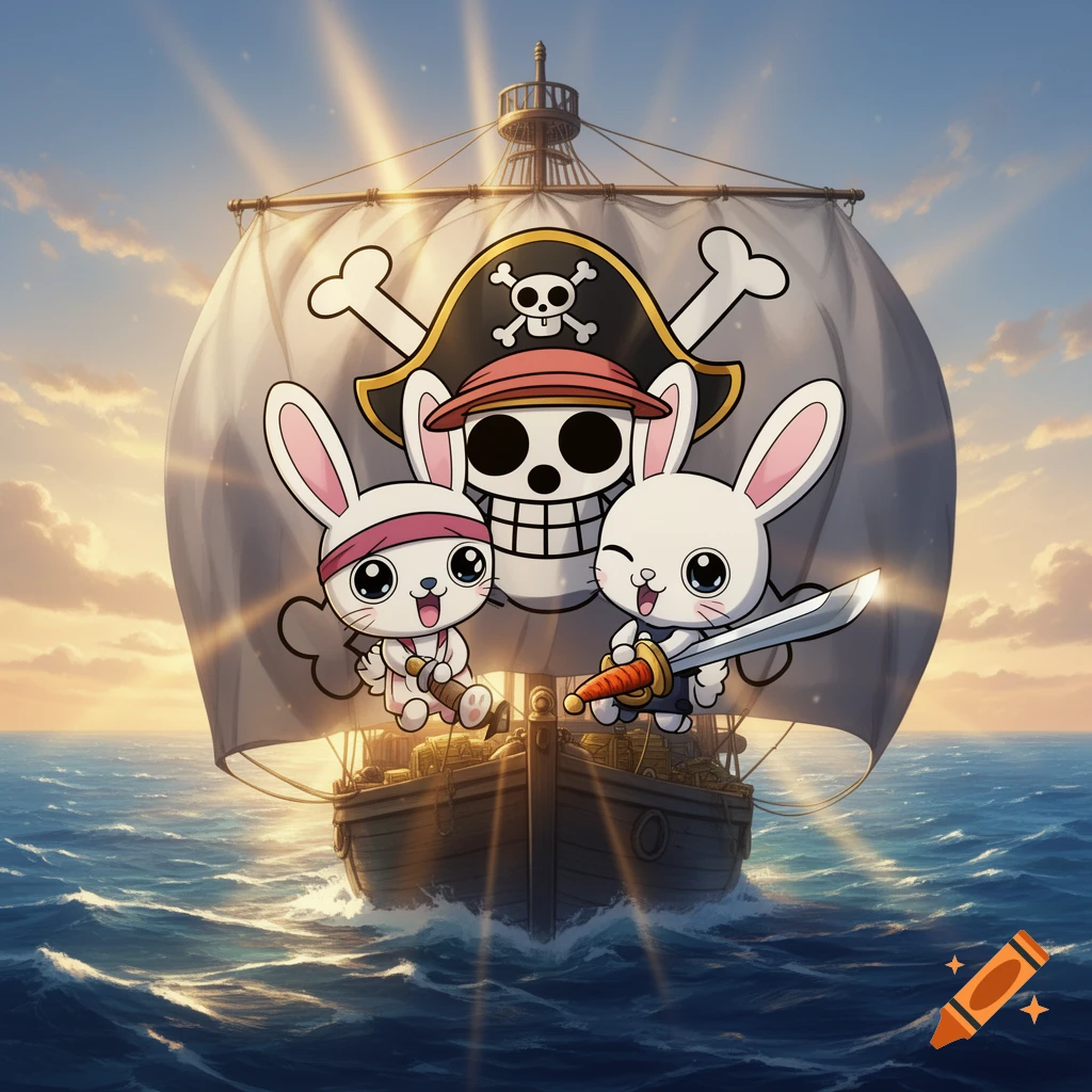 Two cute cartoon pirate bunnies on a ship with a One Piece flag, sailing on a sunny sea.