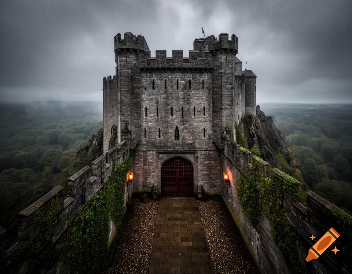A dark, medieval castle with battlements on a rocky cliff, overlooking a dense forest under a cloudy, dramatic sky.