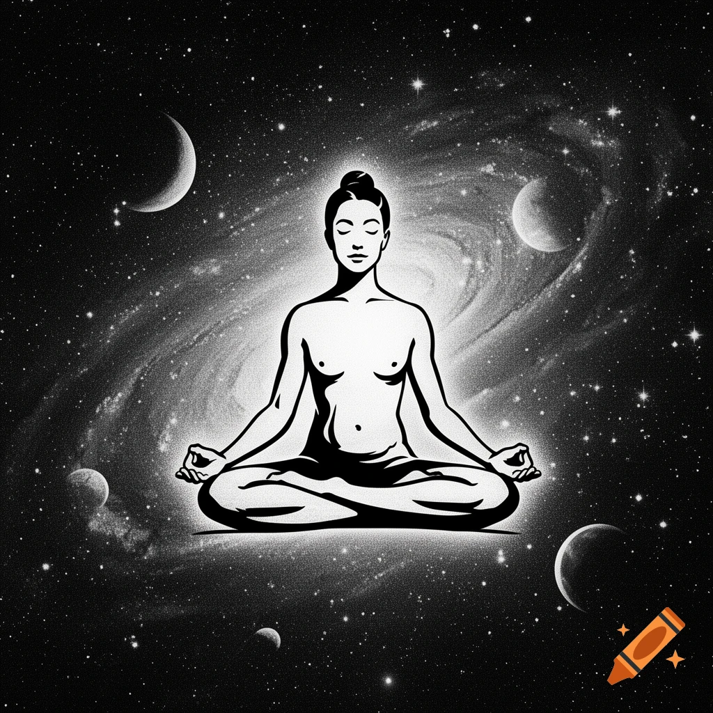 Black and white stencil illustration of a figure meditating cross-legged, glowing against a cosmic background with stars and moons.
