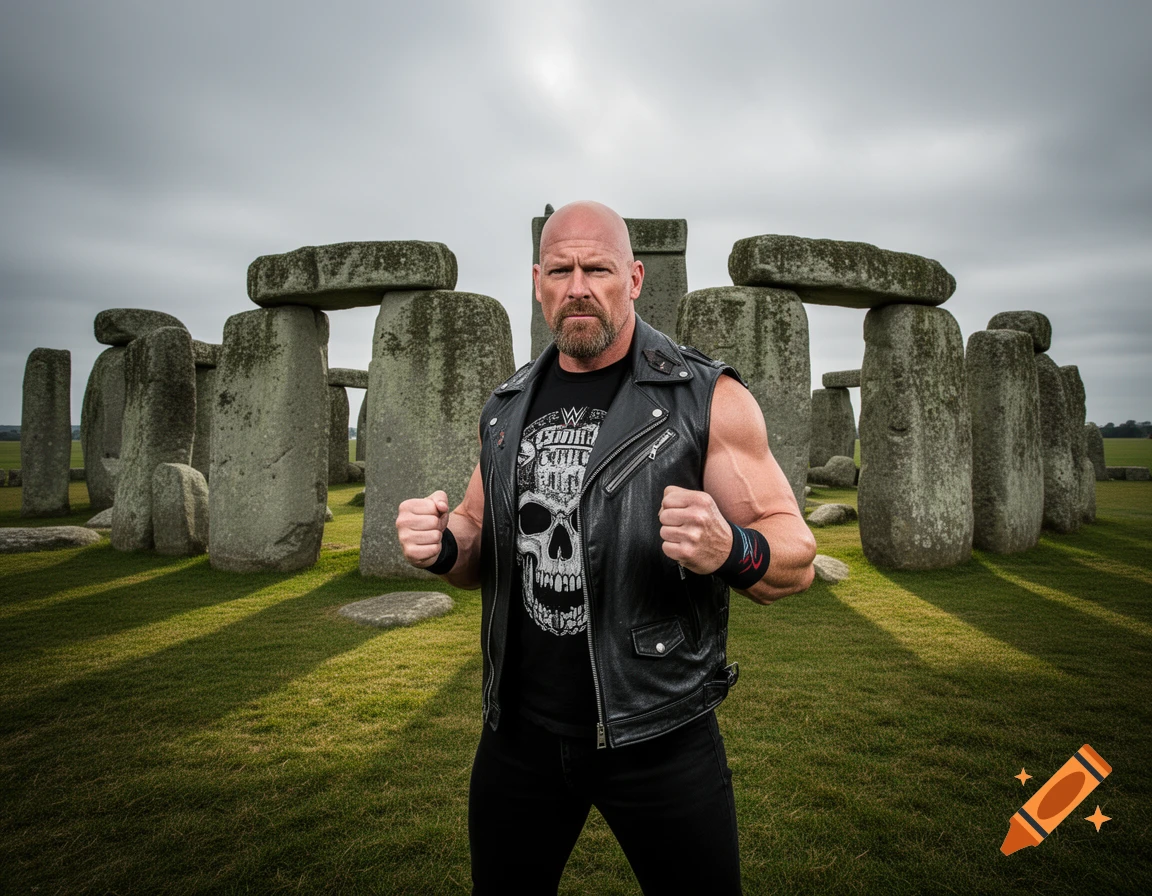 A bald, muscular man in a leather vest and skull t-shirt poses in front of Stonehenge under a cloudy sky.