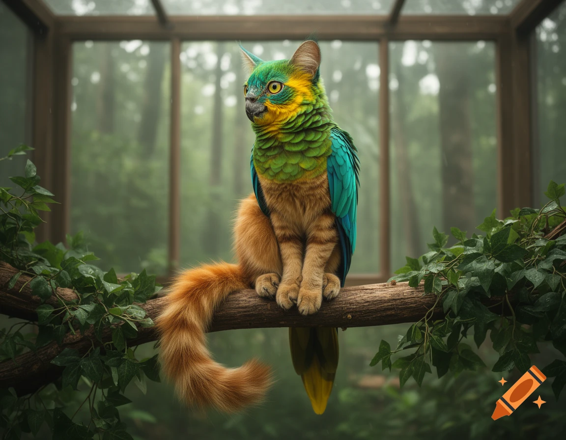 A vibrant green and yellow parrot-headed cat with orange fur and a long furry tail sits on a tree branch in a lush, misty greenhouse.