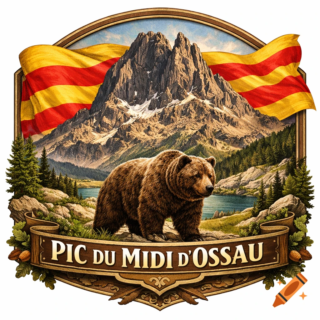 An emblem with a brown bear in front of a mountain range, a lake, pine trees, a yellow and red flag, and text 'PIC DU MIDI D'OSSAU'.