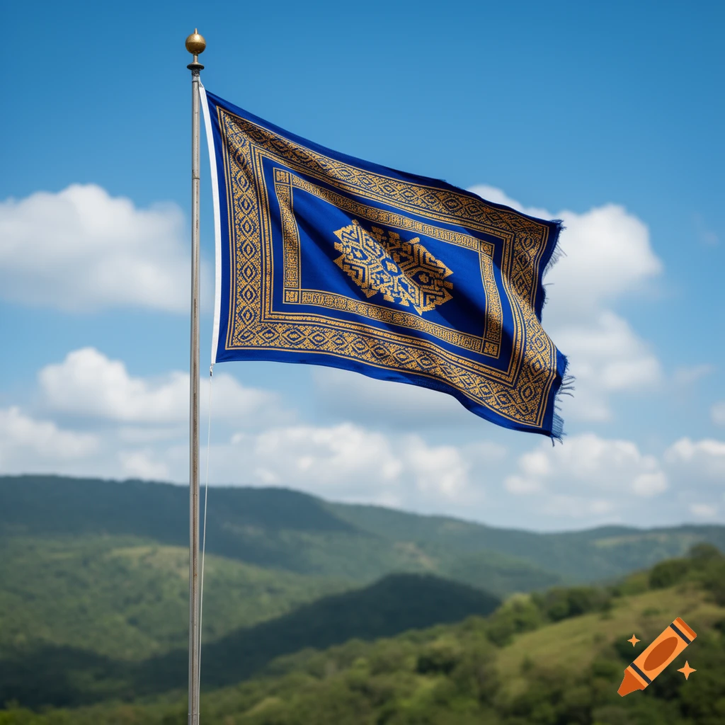 A blue flag with intricate gold patterns flies from a flagpole against a blue sky with white clouds and distant green mountains.